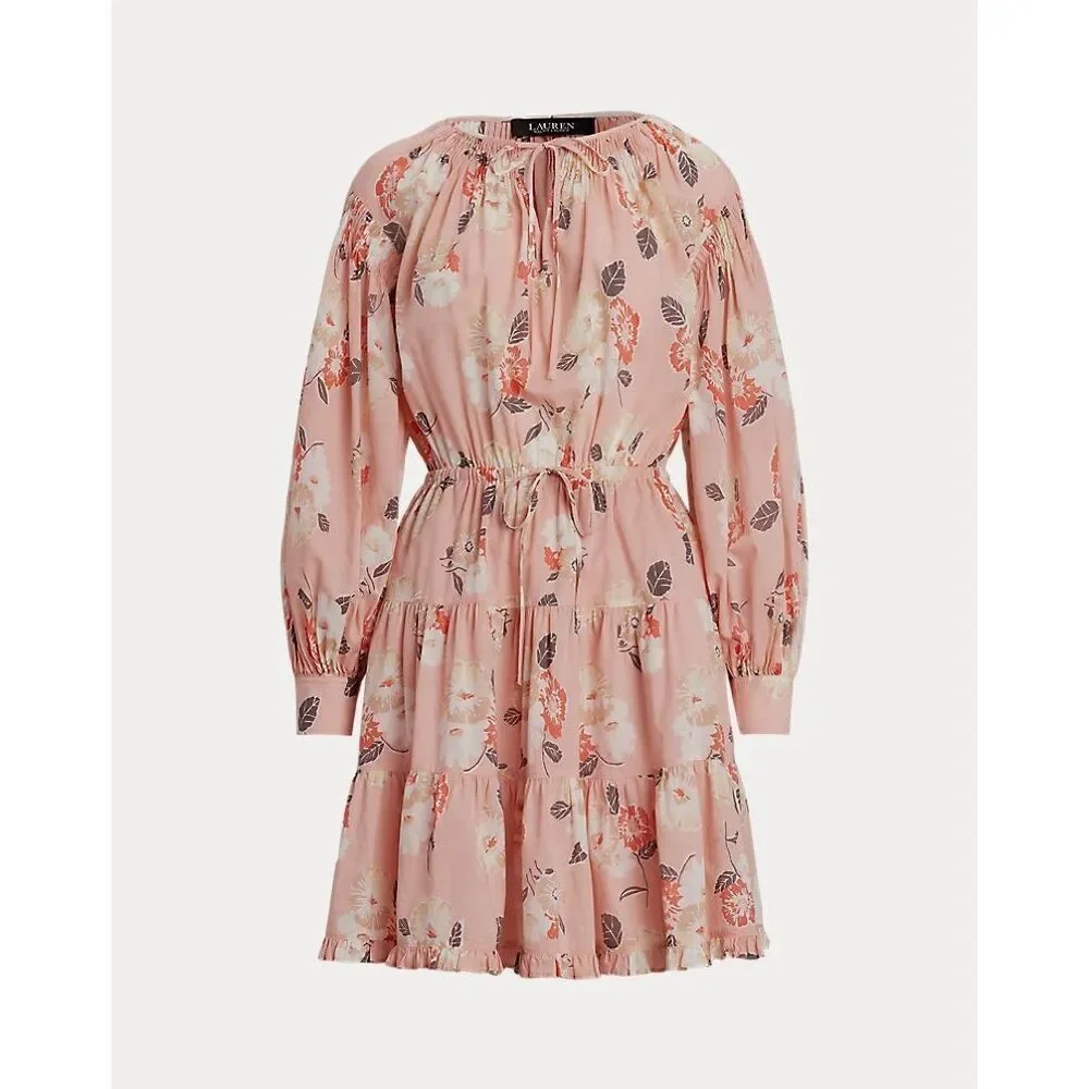 Lauren Ralph Lauren Floral Voile Tiered Tie-Neck Dress Pink 12